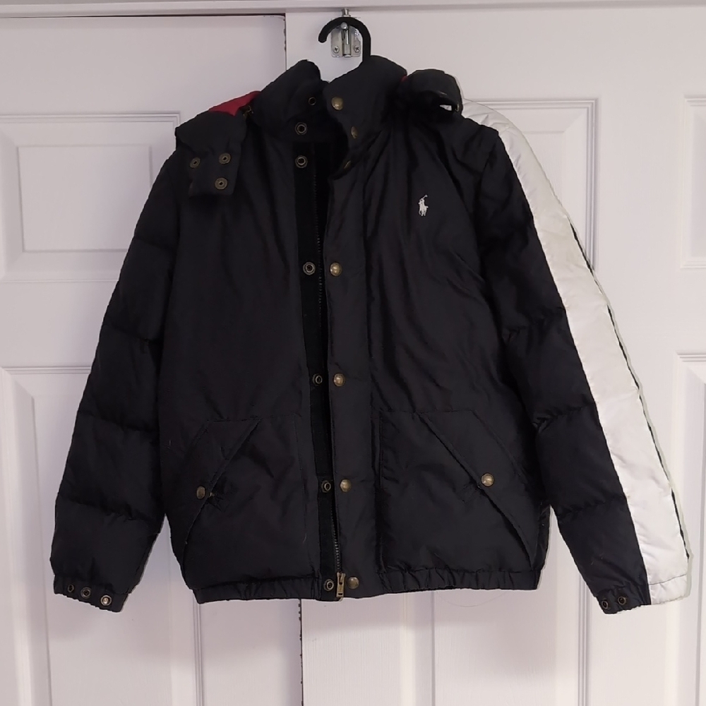 Ralph Lauren Black Puffer Jacket with White and Red Accents